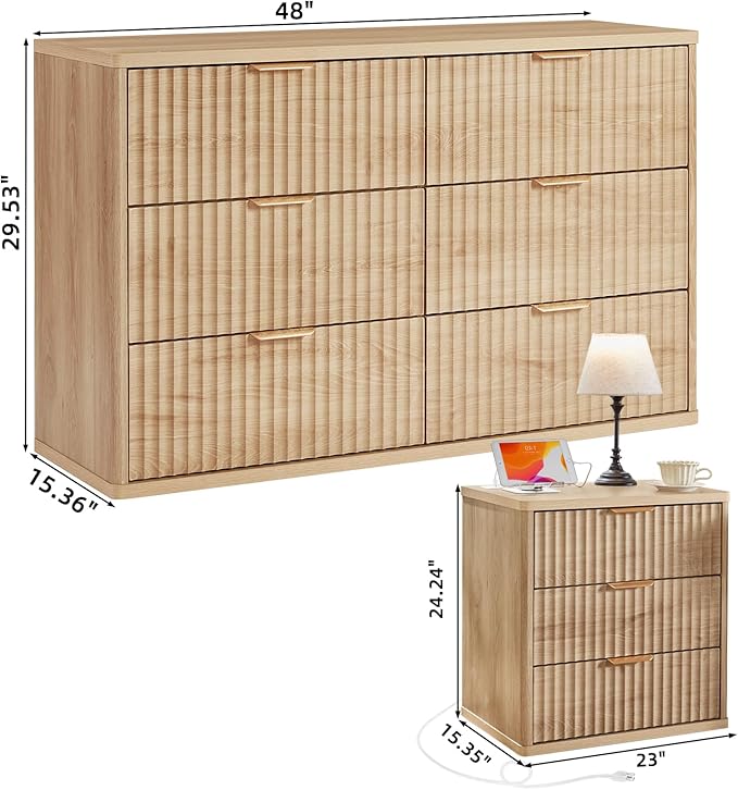 LEYAOYAO 48" Wide Fluted Dresser and 3 Drawers 23" Nightstand Set of 2, Wooden Dresser & Night Stand with Charging Station, 3 Piece Bedroom Furniture Set, Chest of Drawer for Living Room,Natural Wood