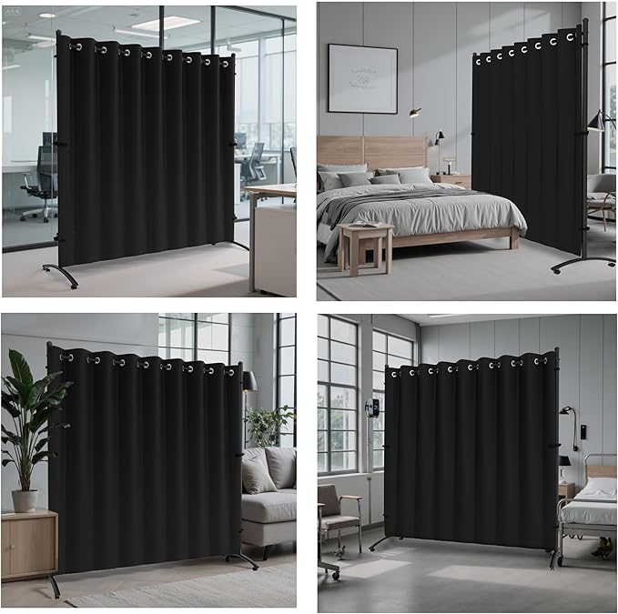 Room Divider, Curtain Privacy Screen with 360°Lockable Wheels 6FT Portable Room Divider Panel Freestanding Partition Divider Screen for Separator Wall Divider Bedroom Office (Black)