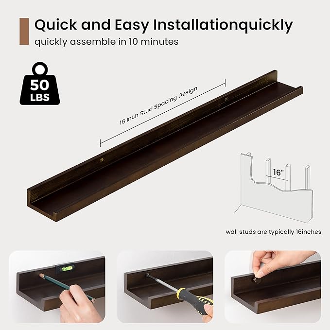 Picture Ledge Shelf, Floating Shelves Set of 2, 32 Inches Solid Wood Nursery Book Shelves for Toys Storage, Kids Bookshelf Wall Mounted for Living Room Bedroom Decor Books Photo Frames, Walnut