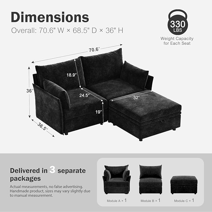 ABCASA Luxury Modular Sectional Sofa, L-Shaped 3-Seat Couch with Storage Ottoman Deep Seat & Reversible Chaise Lounge Chenille Black for Compact Spaces, Apartments, Dorm