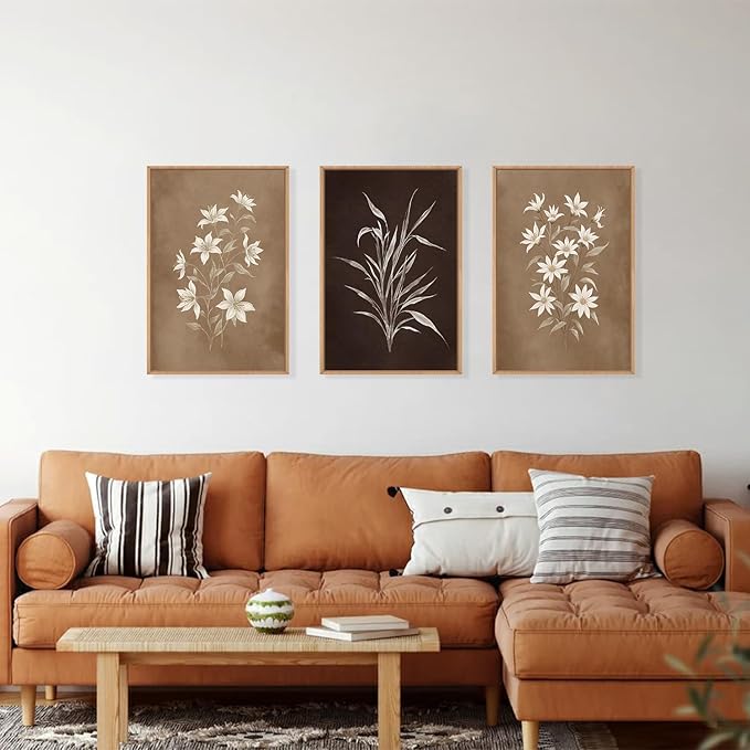 LHIUEM Large Vintage Neutral Botanical Framed Wall Art Set,Brown and Black Flower Wall Decor,Nature Wildflower Artwork,Rustic Plant Floral Art Prints for Living Room,Bedroom,Farmhouse - 16"x24"x3
