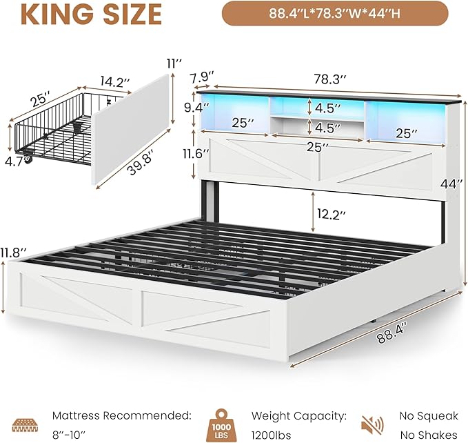 VIAGDO Farmhouse Bed Frame King Size with Bookcase Storage Headboard, Charging Station and LED Lights, Wooden King Bed Frame with 4 Drawers, Barn Door Design, No Box Spring Needed, No Noise, White