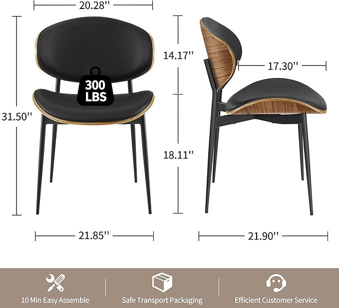 Art Leon Genuine Leather Dining Chairs Set of 4, Mid Century Modern, Upholstered Kitchen Dining Room, Armless Accent with Walnut Bendwood, Brown