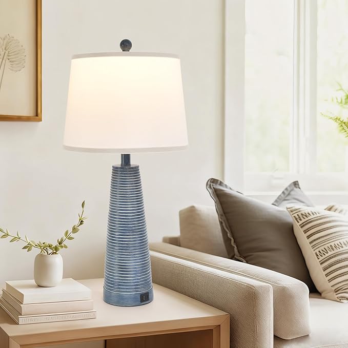 Terpsichore Nightstand Lamp Bedside Lamps Vintage Rustic Farmhouse Table Lamp 3 Way Dimmable Horizontal Stripe Light,for Living Room Bedroom,USB A+C (Navy Blue (Single-Pack), High 27 Inch)