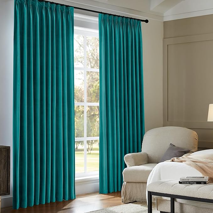 Pinch Pleated 100% Blackout Curtains for Bedroom, Teal Velvet Curtains for Living Room, Black Out Curtain 102 inch Long Room Darkening, Blackout Pinch Pleat Drapes with Hooks 2 Panels