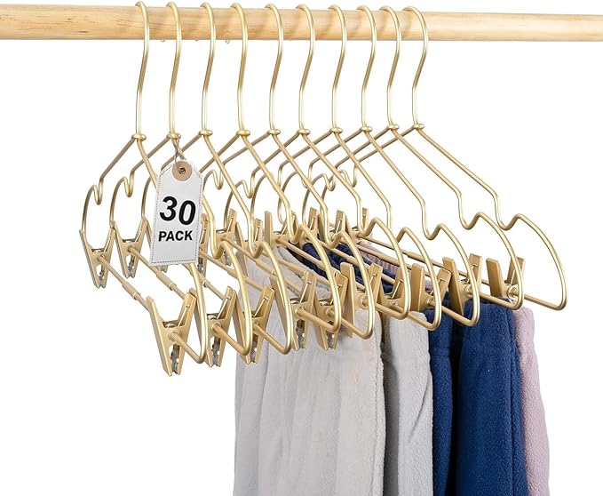 16.5" Adult Gold Metal Clips Pants Coat Clothes Hangers,30 Pack Coat Suit Closet Storage Display,Space Saving Standard Size Adult Clothing for Home Garment Clothes Shop