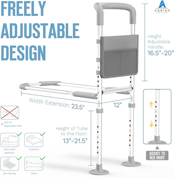 Agrish Bed Rails for Elderly Adults Safety, Bed Rails for Seniors with Motion Lights & Storage Pouch, Adjustable Bed Assist Rail for Surgery Patients - Medical Bed Rail