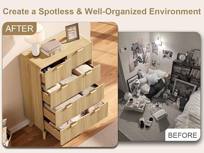QUW Fluted Dresser for Bedroom with 5 Drawers, Modern 40.2" Tall Drawer Dressers with Metal Handle, Wooden Chest of Dresser for Living Room, Hallway, Natural Oak