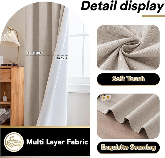 PrinceDeco Nature Linen Blackout Curtains 96 Inch Long Thermal Insulated Draperies Sun Block & Room Darkening Curtains for Bedroom Windows with Nickel Grommet(2 Panels Set,Heathered Natural)