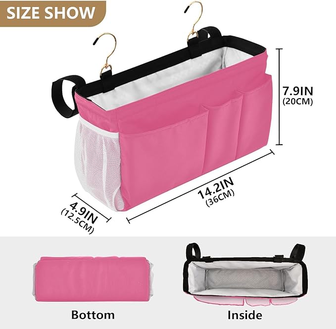 KOPIRIT Neon Rose Red Bedside Caddy Storage Bag Bedside Organizer for Dorm Room Top Bunk Bed Hanging Bag Bedside Shelf 6 Pockets with Hooks for Magazine Water Bottle Holder