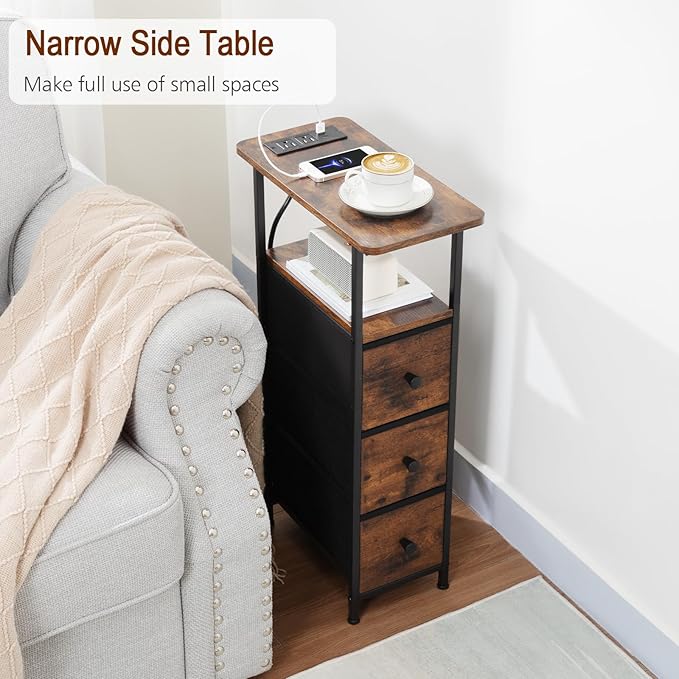 LOAKEKEL Narrow End Table Living Room with Charging Station, Skinny Side Table with Fabric Drawers, Slim Nightstand for Bedroom, Small Spaces, Couch, Brown, HETNDP03BR-1