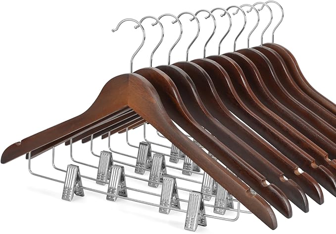 TOPIA HANGER Wooden Suit Hangers with Adjustable Metal Clips (10 Pack), Solid Wood Clothes Hangers, 360° Swivel Hook, Premium Retro Finish Pants Hangers for Clothes Coat, Jeans, Blouse-CT28A