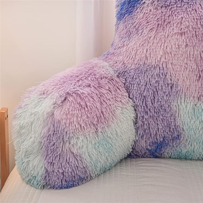 Holawakaka Large Shags Bed Rest Pillow with Arms,Tie Dye Reading Pillows Perfect for Adults Teens Men Women,Arm,Back,Pregnancy Lumbar & Head Neck Coccyx Lower Back Support Cushion (Blue Purple)