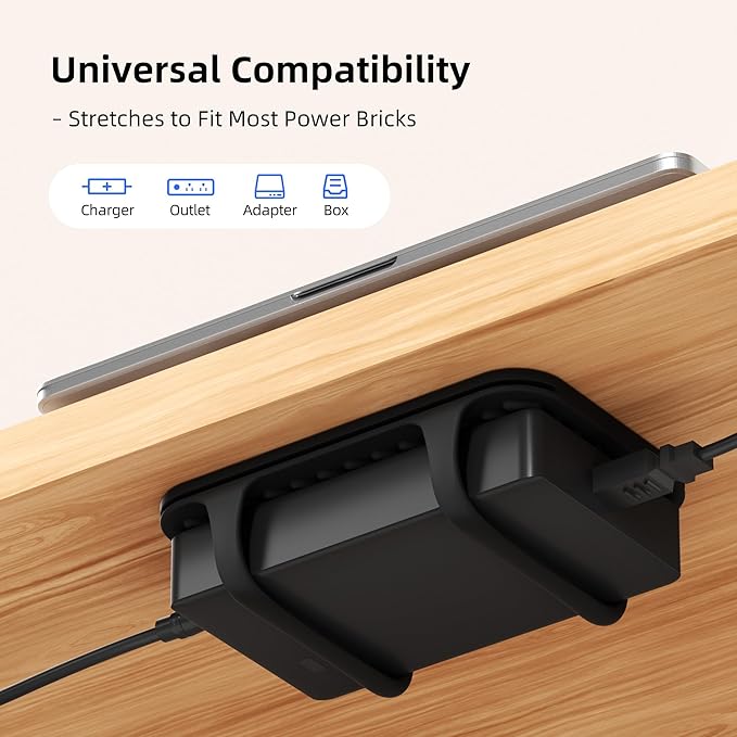 ELETIUO Universal Silicone Laptop Charger Holder,Under Desk Power Brick Mount Organizer for Charging Brick & Cables,Flexible Non-Slip Power Bricks Mount,Secure Supply Holder for Laptop Charger,Black