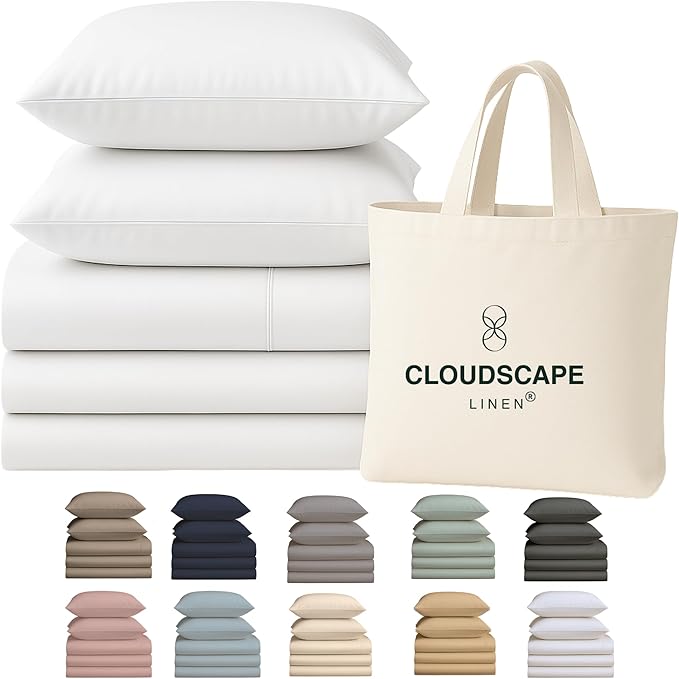 Cloud Scape Linen 100% Egyptian Cotton Split King Sheet Set for Adjustable Bed,400 Thread Count, 5 Pcs Bedding Set, Soft, Breathable and Durable, Deep Pockets up to 17, White