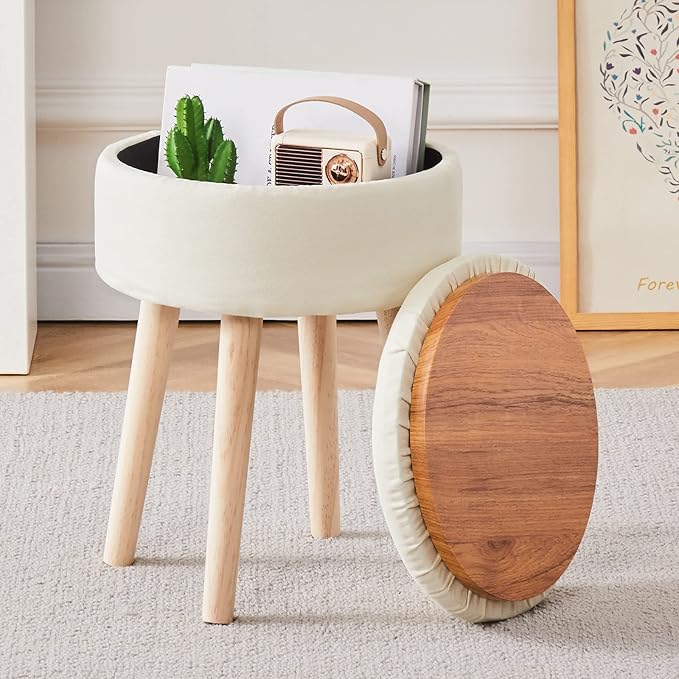 Mxfurhawa Storage Ottoman Linen Round Vanity Stool Tray Top Modern Foot Stool with Wood Legs Multifunctional Upholstered Foot Ottoman Rest for Living Room, Bathroom, Makeup (White)