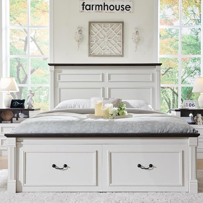 Farmhouse Queen Size Bed Frame with 51" Tall Headboard, Wood Platform Bed Frame with 20" Tall Roman Column Decoration Footboard & 2 Large Storage Drawers, No Box Spring Needed (White)