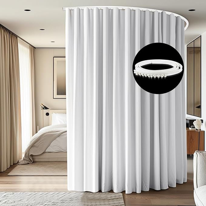 Room Divider Ceiling Mounted Curtains Track Sets Extra Wide Blackout Curtain Flexible Tracks for Bedroom Privacy Partition Separator, 1 Panel White Drape and White Rail, W15 x H9ft