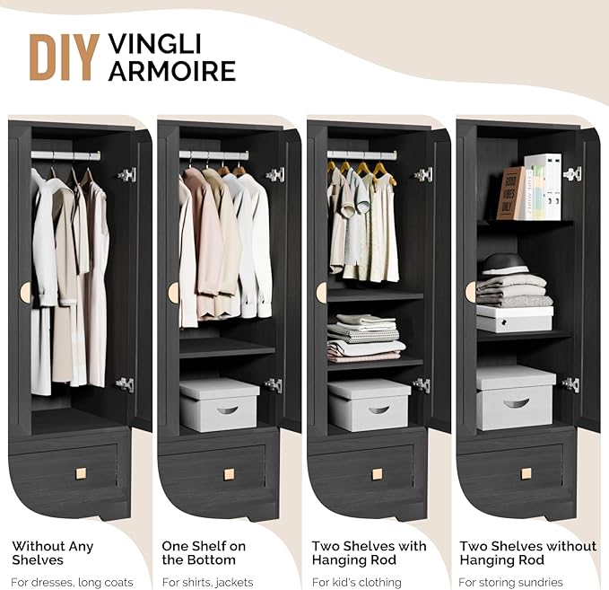 VINGLI Armoire Wardrobe Closet with Doors, 38" W Armoire Wardrobe Cabinet with Drawers and Hanging Rod, Black Wood Bedroom Armoires, 21" D x 38" W x 65" H