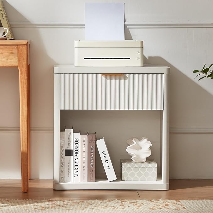 LEYAOYAO Fluted Nightstand with Charging Station, 23" Wide 1 Drawers End Table,White Night Stand with Open Storage Cabinet, Farmhouse Bed Side Tables, Wood Dresser for Bedroom, Living Room, Closet