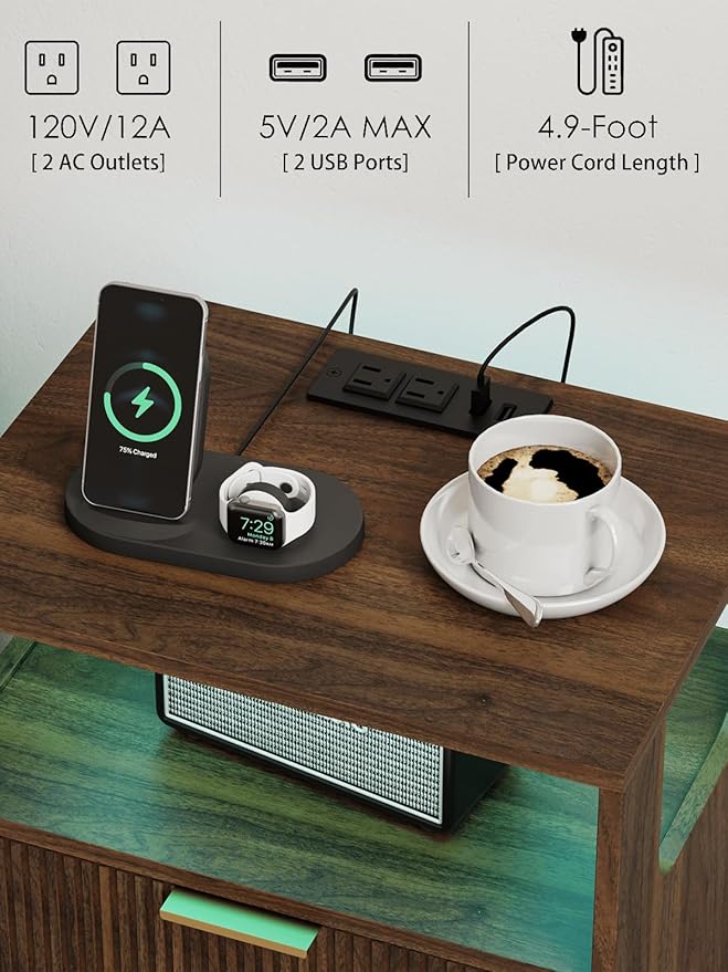Nightstand with Charging Station and LED Lights, Modern Bedside Table with 2 Storage Drawer and Open Wood Shelf for Bedroom and Small Spaces, Night Stand with Solid Wood Legs