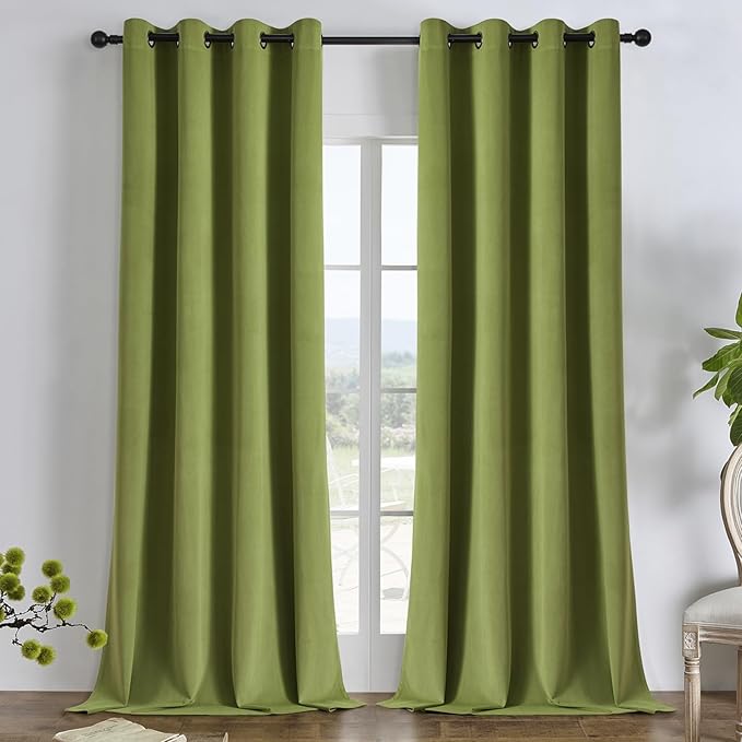 Joydeco Moss Green 100% Blackout Curtains 96 Inch 2 Panels, Luxury Thermal Green Velvet Curtains for Bedroom Living Room, Soundproof Blackout Window Drapes, Grommet Top (52W x 96L)