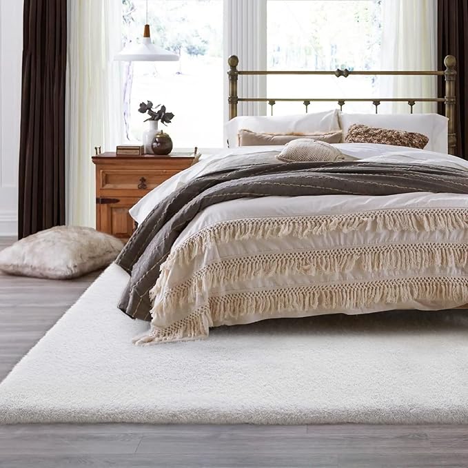 White Washable Faux Fur Area Rug - 8x10, Fluffy Boho Rectangle Rug for Living Room, Bedroom & Teen Room Home Decor