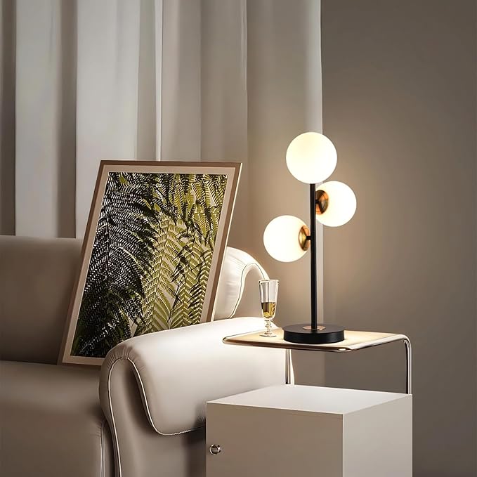 3-Light Black and Gold Table Lamp, Milk White Glass Globe Table Lamp for Nightstand, Mid Century Modern Bedside Lamps for Bedroom Living Room Office, G9 Base (Bulbs Not Included)