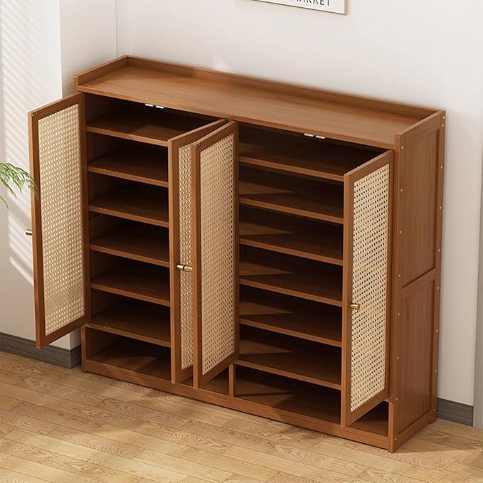 Bamboo Shoe Cabinet, 36-40 Pairs 8 Tier Shoe Rack with Doors, Freestangding Shoe Cabinet Organizer with Shelves, 43" Tall Shoe Rack Organizer for Entryway, Closet, Hallway
