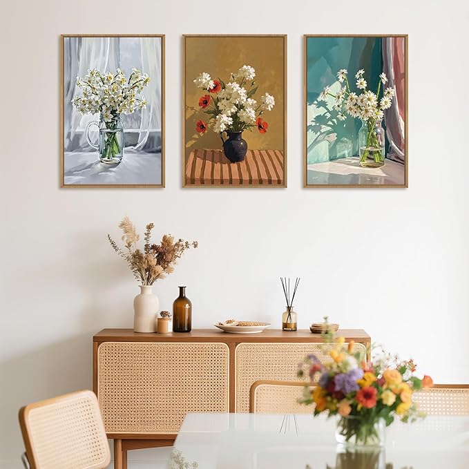 LHIUEM Large Vintage Botanical Floral Framed Canvas Wall Art Set,Boho White Daisy Vase Wall Decor,Modern Flower Sunshine Prints,Rustic Wildflower Artwork for Living Room,Bedroom,Dining Room,Office -16"x24"x3