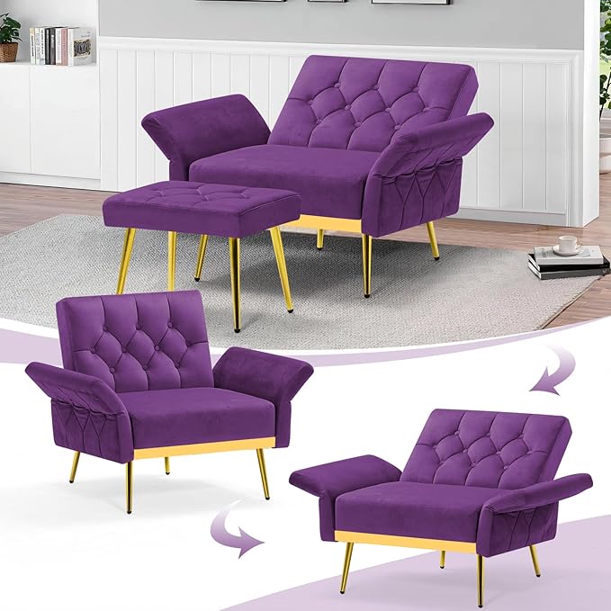 Velvet Accent Chair w/Adjustable Armrests and Backrests, Tufted Single Sofa with Ottoman, Upholstered Reading Chiar for Living Room, Apartment, Bedroom, Purple