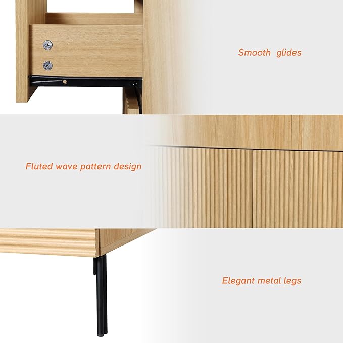 WAMPAT 94.5" W Fluted Dresser for Bedroom, Modern 9 Drawer Dresser TV Stand with Hidden Handles, Wooden Chest of Drawers Closet Clothes Storage Organizer for Bedroom, Living Room, Oak