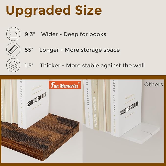 55 Inch Floating Shelves for Wall Set of 2, 55x9.3 Large Floating Shelf for Bedroom, Kitchen, Bathroom, Wall Mounted Rustic Wood Shelves with Invisible Bracket for Books, Decor, Rustic Brown
