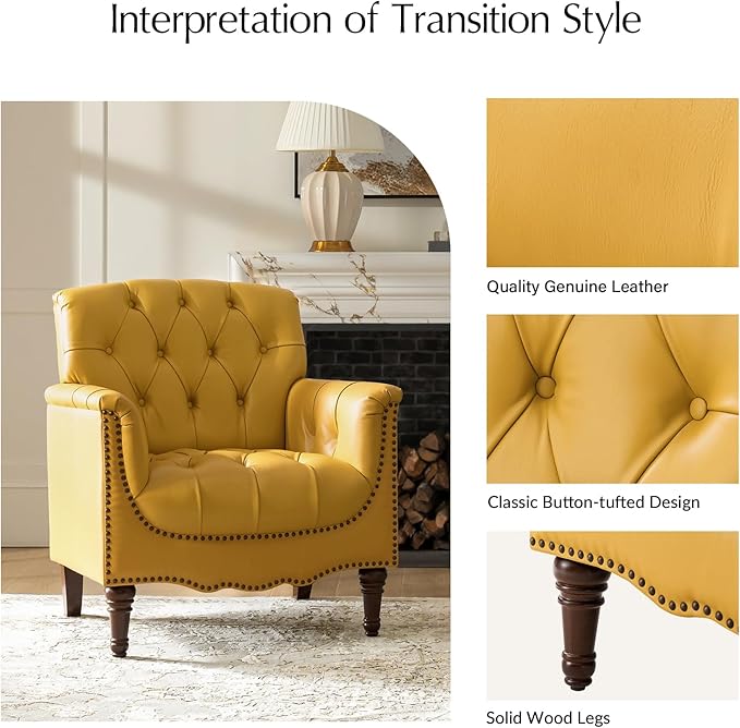 HULALA HOME Mid Century Modern Leather Club Chairs, Top-Grain Genuine Leather Armchairs with Button-Tufted Back & Solid Wood Legs, Accent Chairs for Living Room/Bedroom/Home Office, Yellow