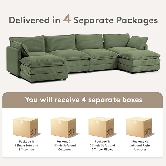 ROWHY 148'' Sectional Cloud Couch with 2 Ottomans, Oversized 4 Seat Sleeper Sofa with 2 Throw Pillows, Convertible Upholstered U Shaped Cozy Sofa Furniture Set for Living Room and Office, Green