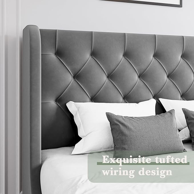 HOMBCK Grey Queen Bed Frame, Velvet Upholstered Platform Bed Frame with Headboard, Curved Wingback Design, Wooden Slats, No Box Spring, Noise Free, Easy Assembly