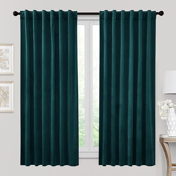 RYB HOME Velvet Curtains 72 inches Length, Back Tab & Rod Pocket Soft Fabric Curtains & Drapes for Bedroom Bathroom Cafe, Peacock Blue, W 42 x L 72, 2 Panels Set