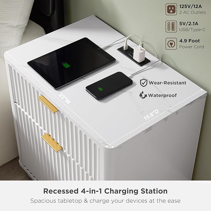 T4TREAM 23'' Fluted Nightstand with Charging Station, Large 2 Drawer Bedside Table, Modern End Table with Storage, Mid Century Night Stand for Bedroom, Living Room, Curved Profile, Solid White