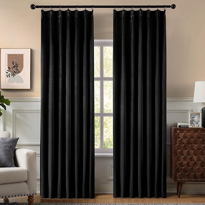Pinch Pleated 100% Blackout Curtains for Bedroom, Black Velvet Curtains for Living Room, Black Out Curtain 96 inch Long Room Darkening, Blackout Pinch Pleat Drapes with Hooks 2 Panels