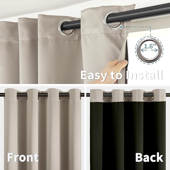 BGment Thermal Insulated 100% Blackout Curtains for Bedroom with Black Liner, Double Layer Full Room Darkening Noise Reducing Grommet Curtain (52 x 63 Inch, Cashmere, 2 Panels)