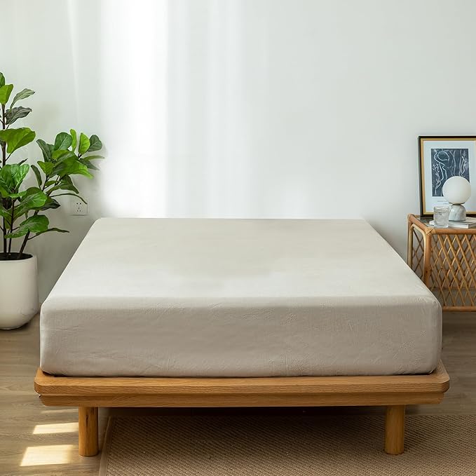 MooMee Fitted Bottom Sheet Only 100% Washed Cotton Linen Like Textured Breathable Durable Soft Comfy Deep Pocket Fits Mattress up to 17" (Tannish Linen Grey, California King)