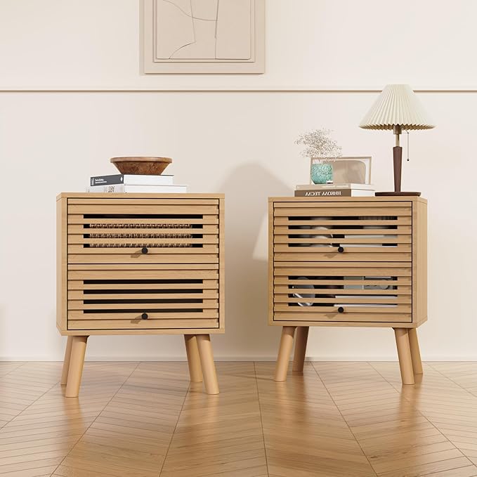 Nightstand Set of 2, Side Table, End Table, Mid Century Modern Nightstand with Hollowed Drawers, Bedside Tables, Small Nightstands with Storage for Bedroom, Oak