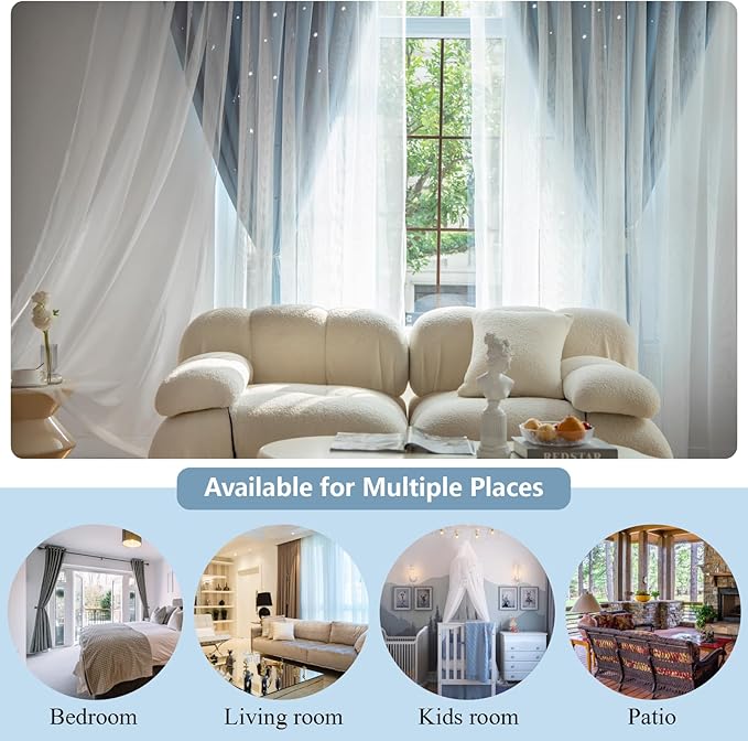 Star Double Layer Blackout Curtains for Bedroom, Kids - Cute, 72 Inch Long 2 Panel Set, Blue, 42 x 72 Inch