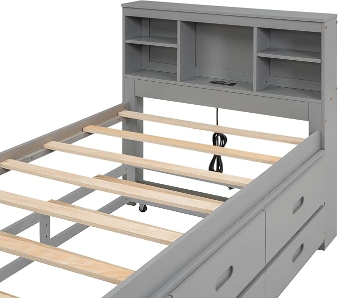 Platform Bed with Storage Headboard, USB, Twin Size Trundle and 3 Drawers, Twin Size, Gray
