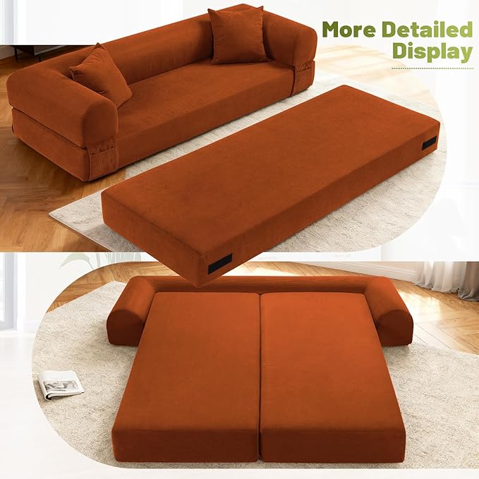 Convertible Futon Sofa Bed,80" Folding Pull Out Couch Bed with Storage,Queen Sleeper Sofa Bed,Compressed Couch in a Box,Corduroy Boneless Couches for Living Room,Orange
