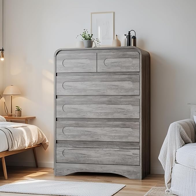 Grey Dresser for Bedroom with 6 Drawers, Tall Dressers & Chest of Drawers with Curved Profile Design, Modern Wood Closet Clothes Storage Dressers Organizer for Bedroom Living Room Hallway