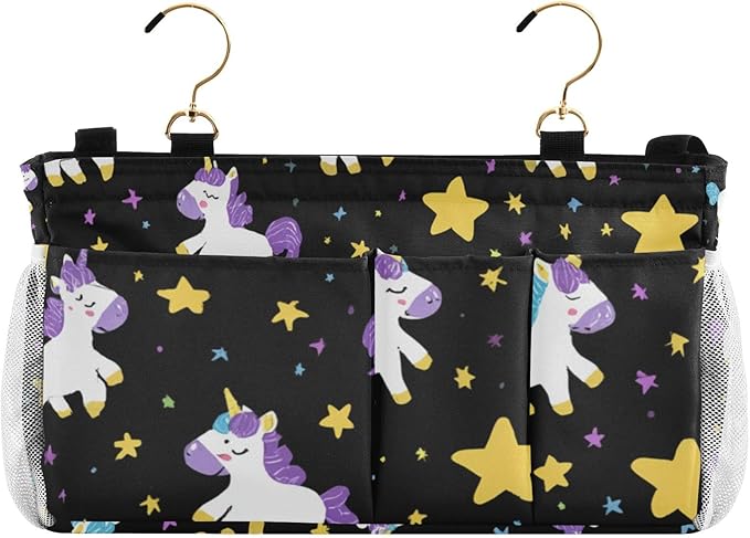Bedside Caddy Hanging Bunk Bed Caddy Bed Organizer Hanging Pocket with 2 Hooks Bedside Storage Organizer Pocket Bag Holder Cute Unicorns Hearts Black