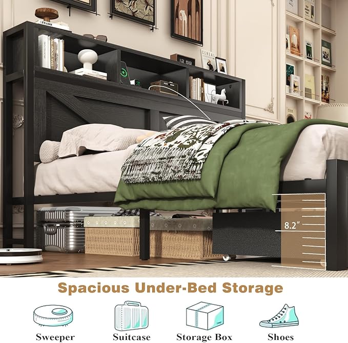 Farmhouse King Bed Frame with Bookcase Storage Headboard, Charging Station, LED Light and 2 Storage Drawers, Noise Free, No Box Spring Needed, Black