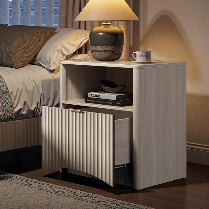 Evermagin Fluted Nightstand Set of 2, Bedside Table with Drawer and Storage, Wood End Table Mid Century Modern, Large Night Stand for Bedroom, White Alder