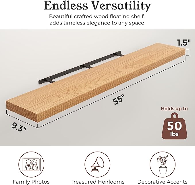 Floating Shelves for Wall, 9.3" Deep Wall Mounted Wood Shelves for Bathroom, Bedroom, Living Room, Kitchen, Hanging Shelf for Books/Storage/Room Decor (Oak, 55")